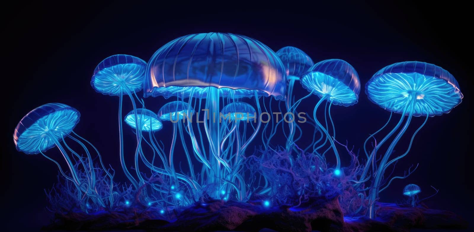 Transparent mushrooms or jellyfish. Microcosm of living organisms. The concept of nature