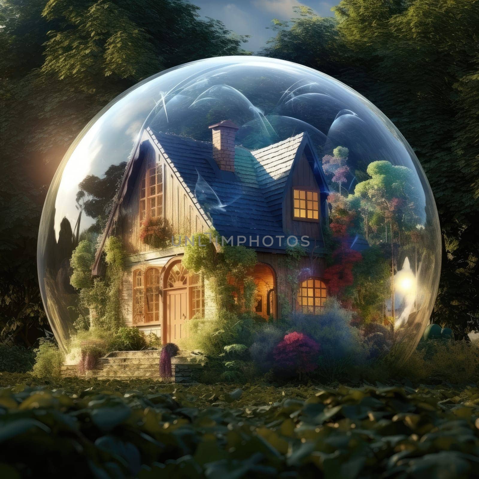 Country house in a soap bubble. The concept of the real estate crisis