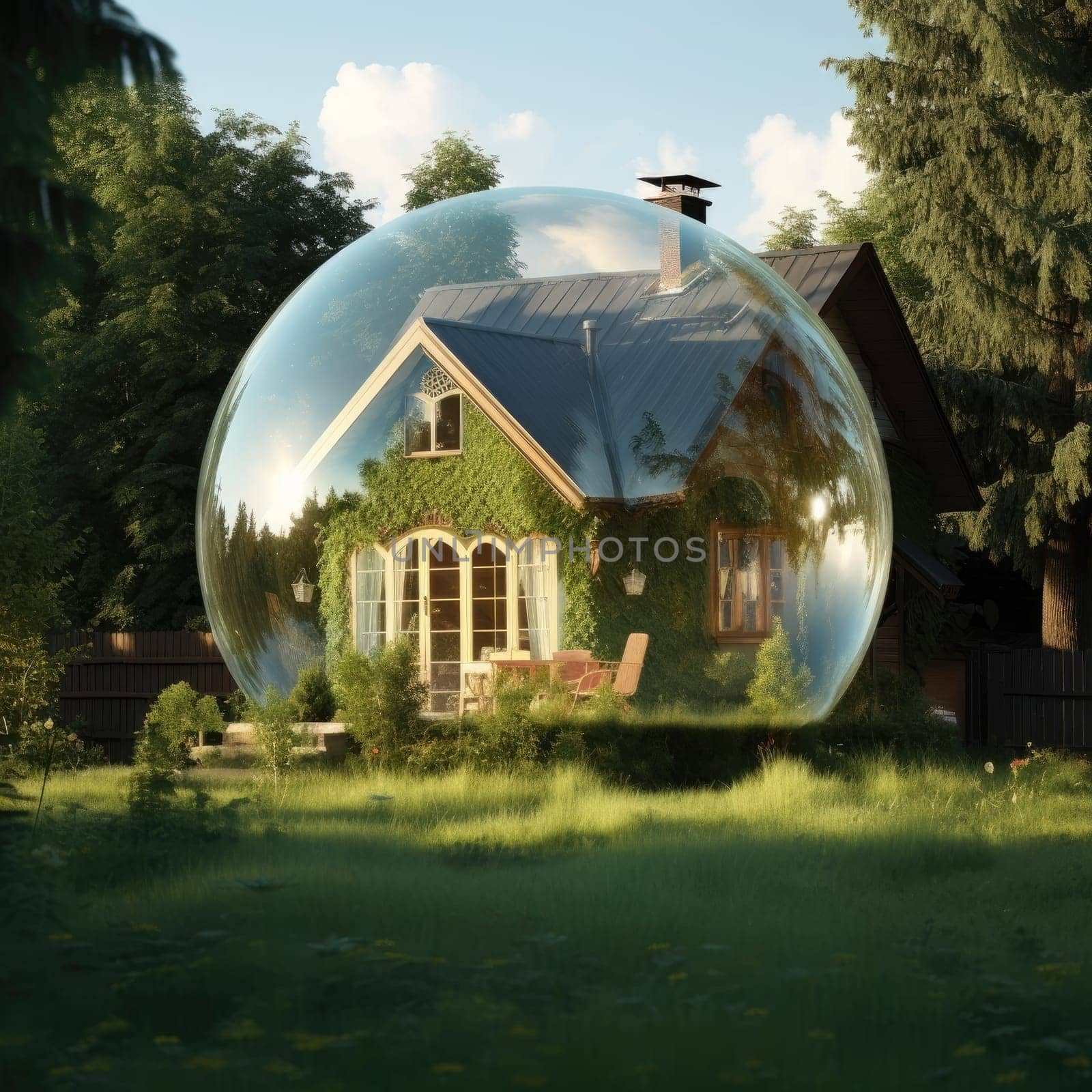 Country house in a soap bubble. The concept of the real estate crisis