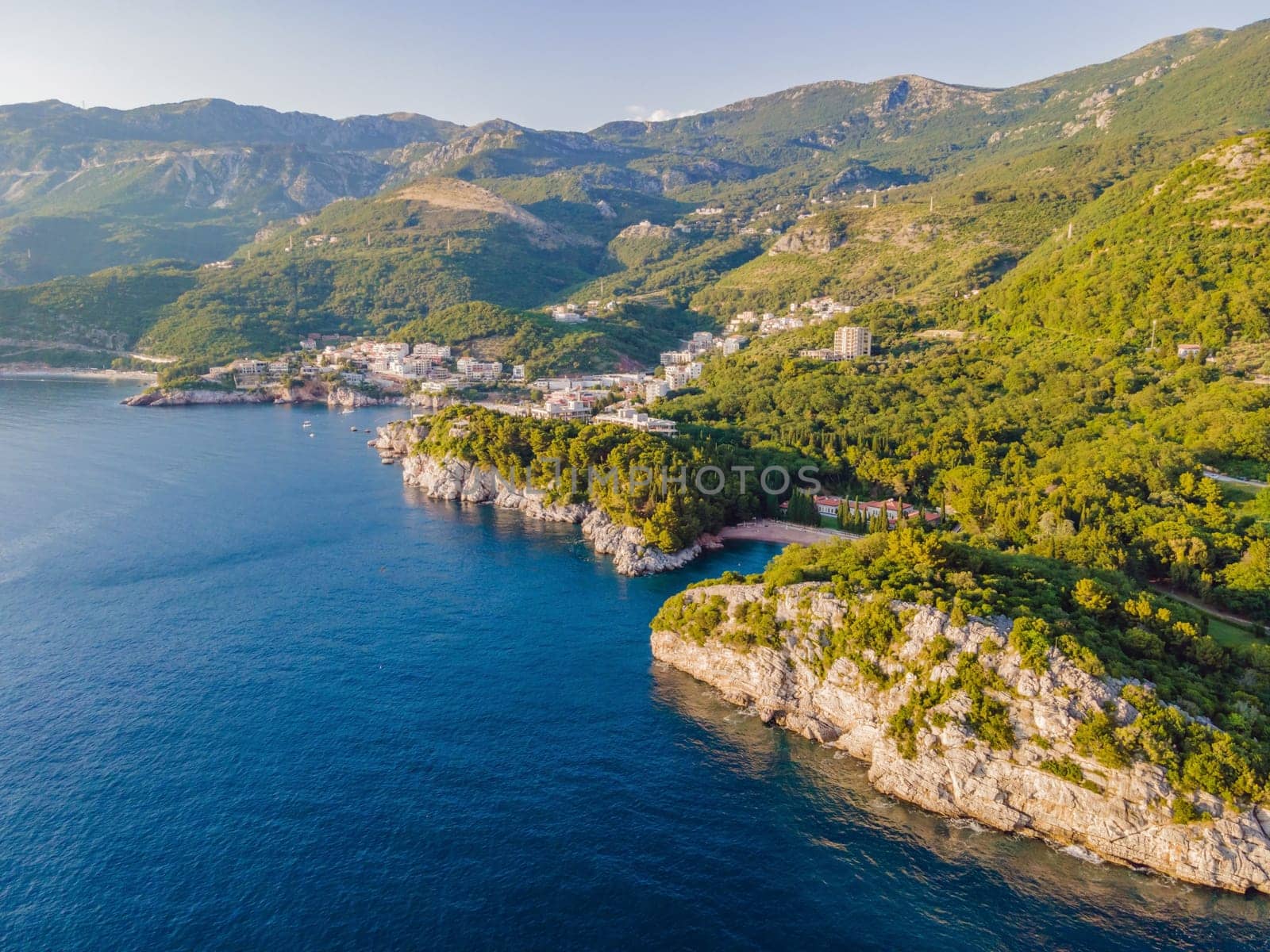 Queen's Beach in Milocer, Montenegro. Aerial view of sea waves and fantastic Rocky coast, Montenegro. drone.