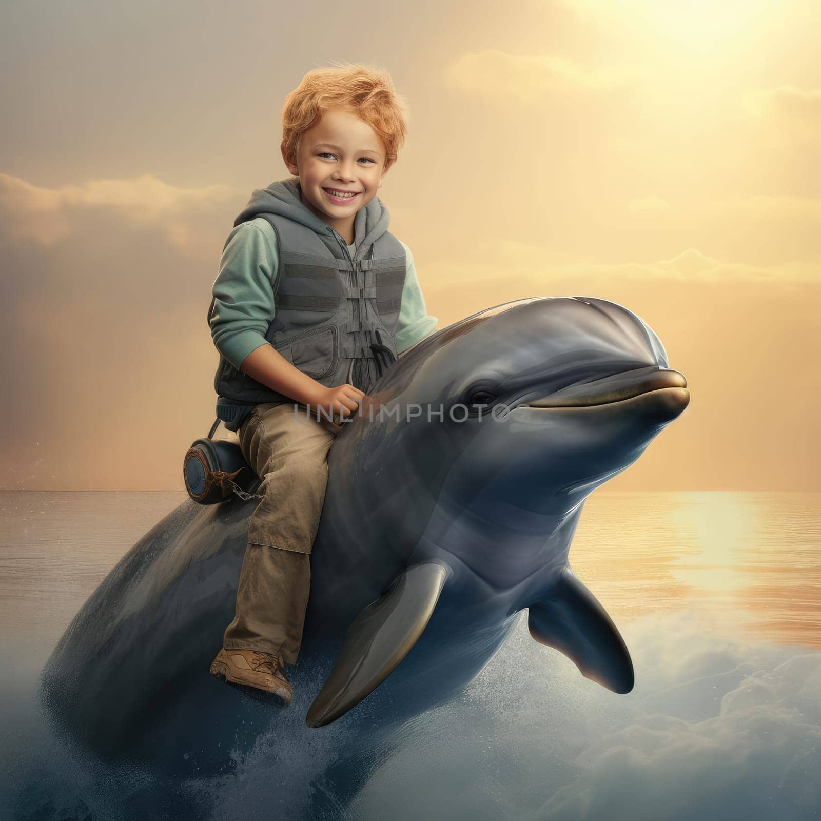 Joyful child top on a dolphin. The concept of therapy