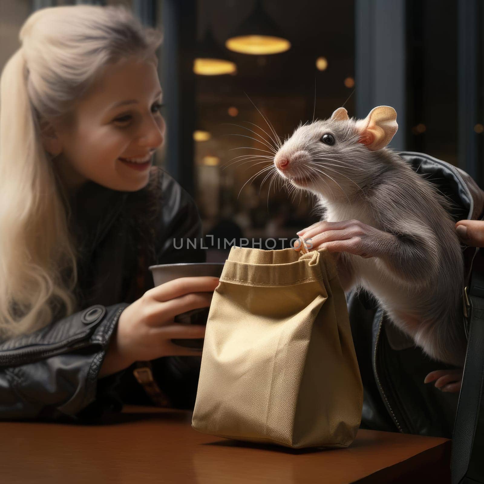 Mouse in a cafe at a table with people