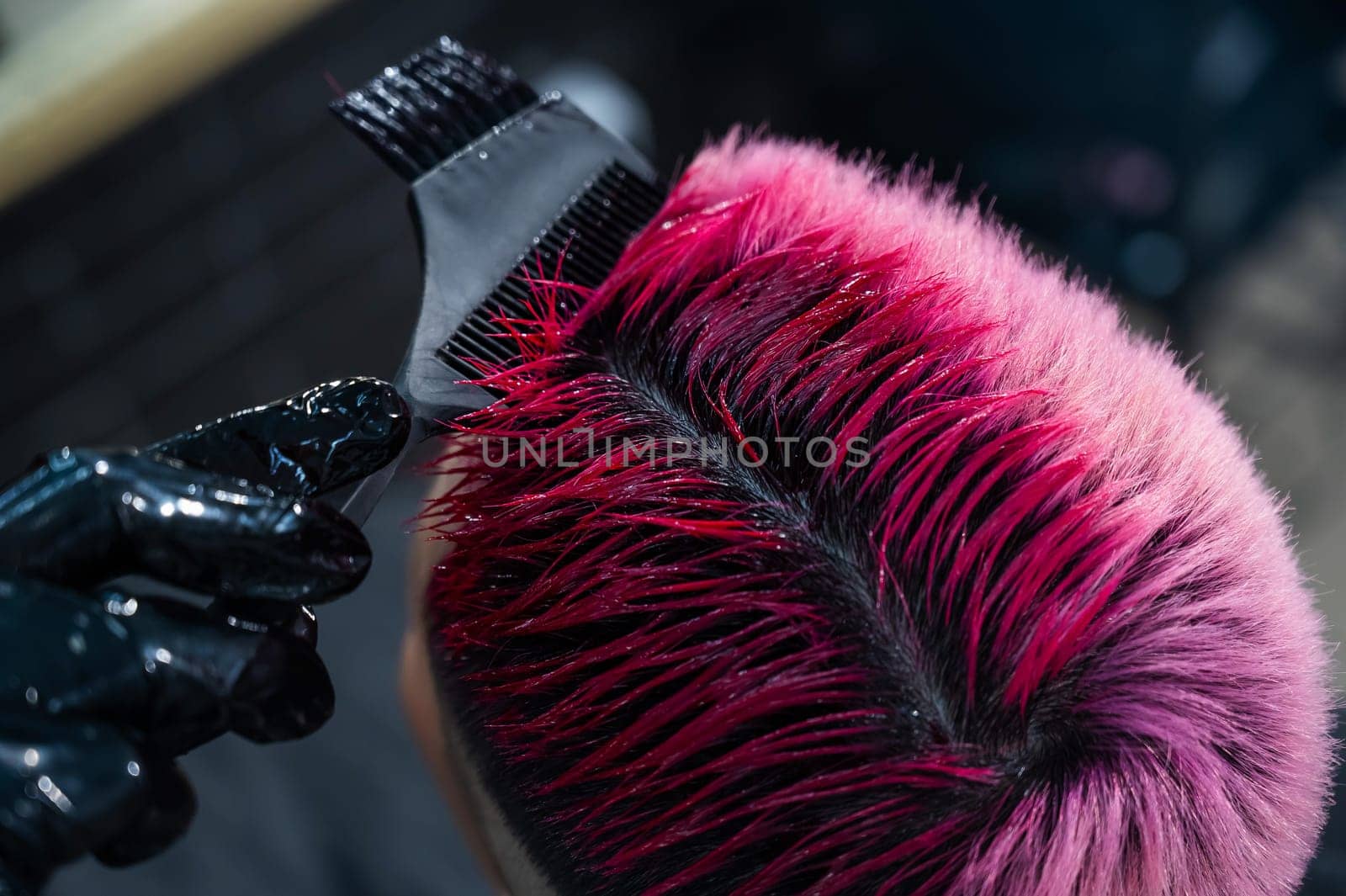 Close-up of the process. The hairdresser dyes the hair of an Asian woman in pink. Short extreme haircut. by mrwed54
