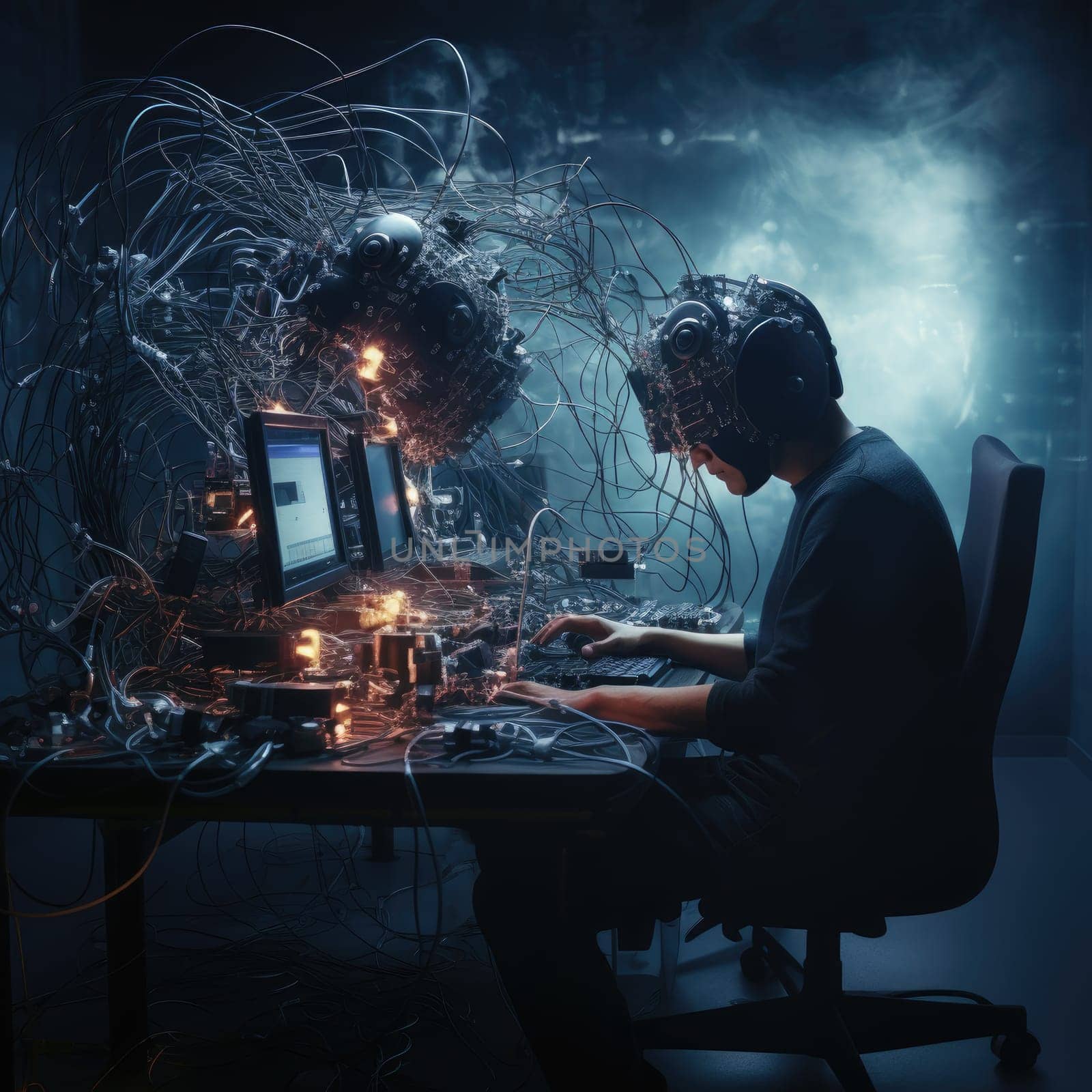 The programmer works on a computer through a neural interface. The wires are connected to the head