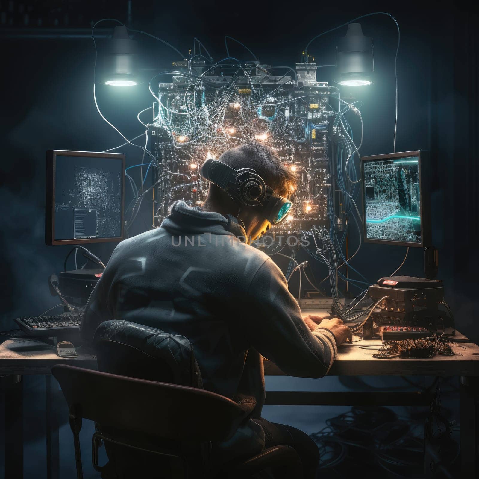 A programmer works at a computer through a neural interface by cherezoff