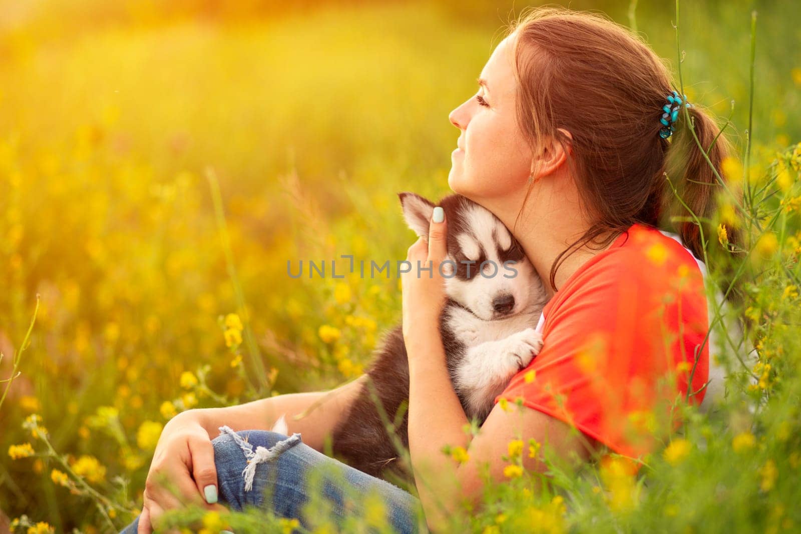 Young woman in a T-shirt hugs a husky puppy at sunset outdoors. The relationship between dog and owner.