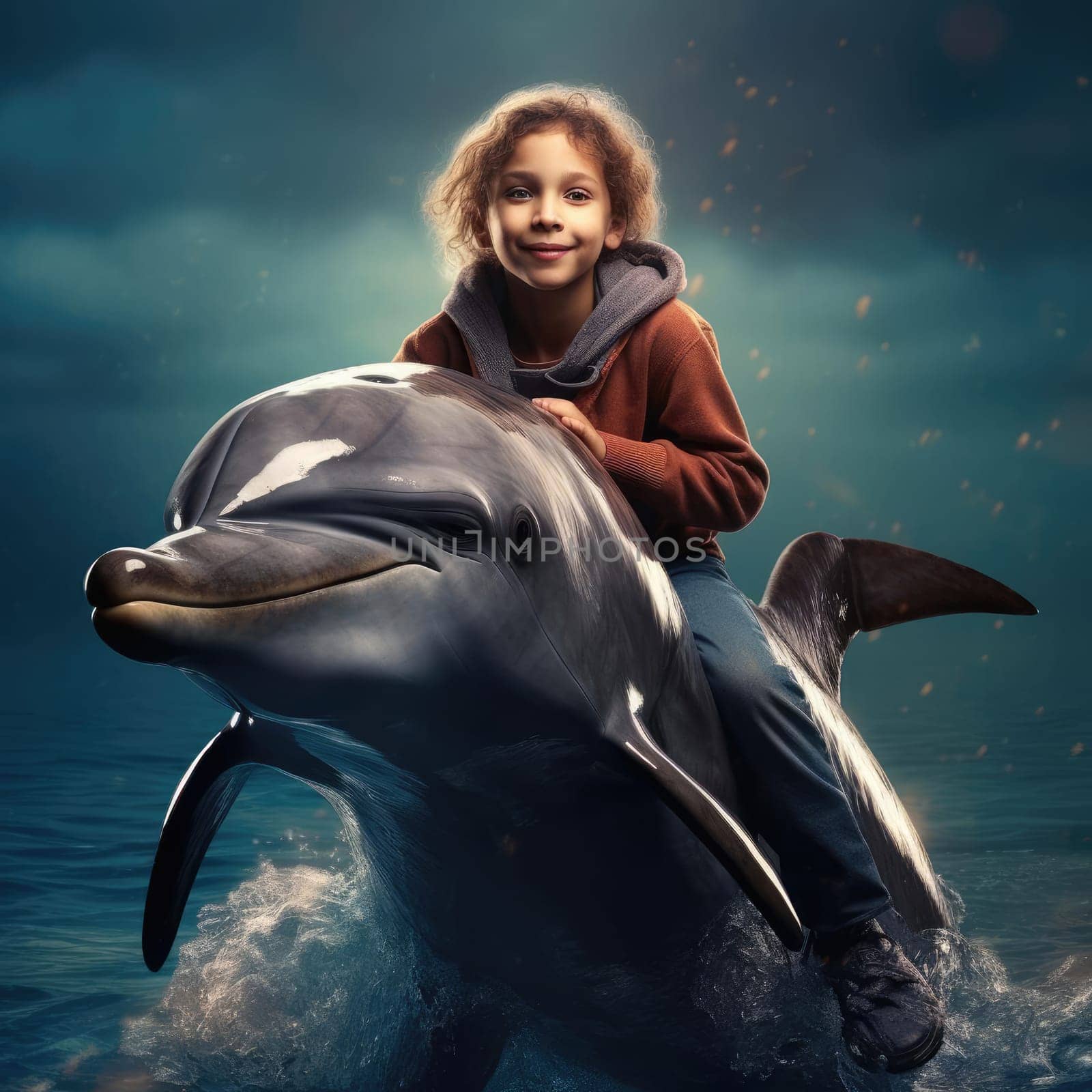 Joyful child top on a dolphin. The concept of therapy