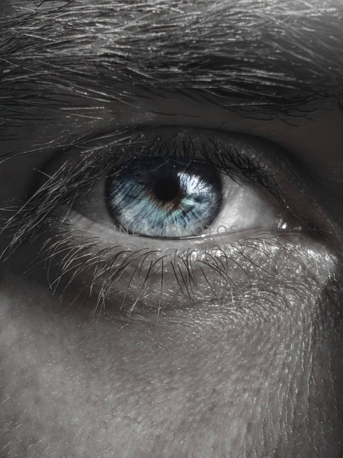 Black and white photo of the blue colored of the iris of the eye. Man eye images. by Nickstock