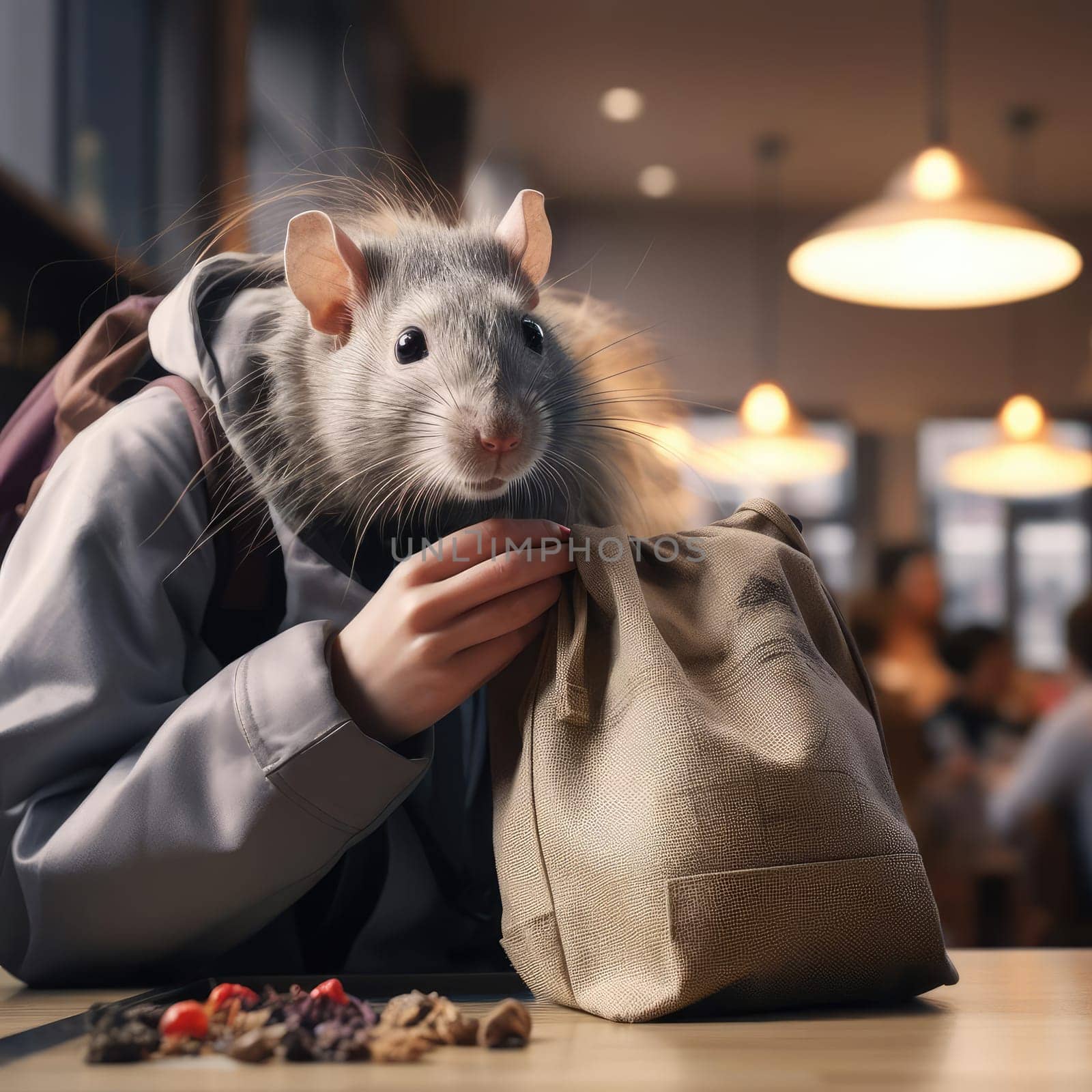 Mouse in a cafe at a table with people