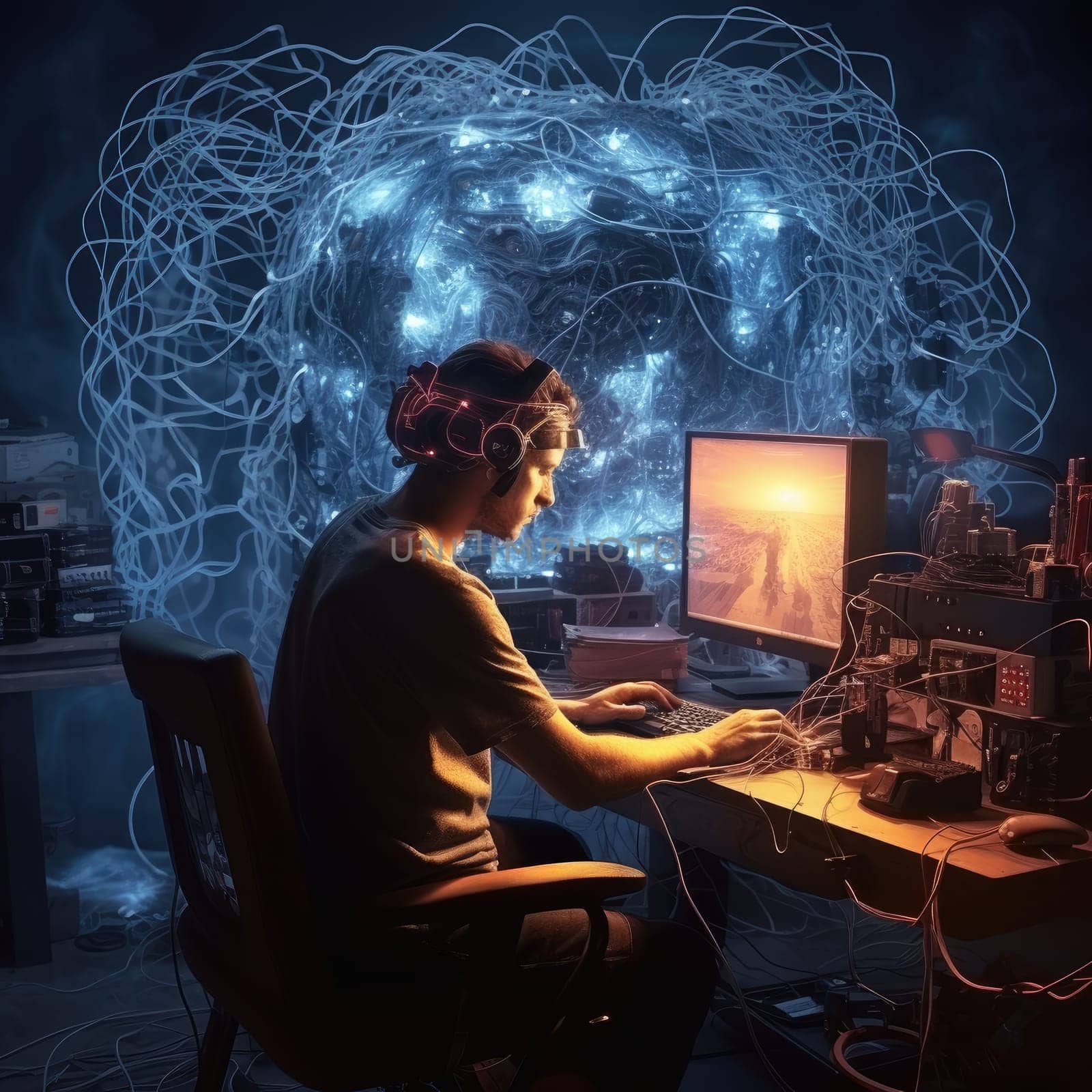 The programmer works on a computer through a neural interface. The wires are connected to the head