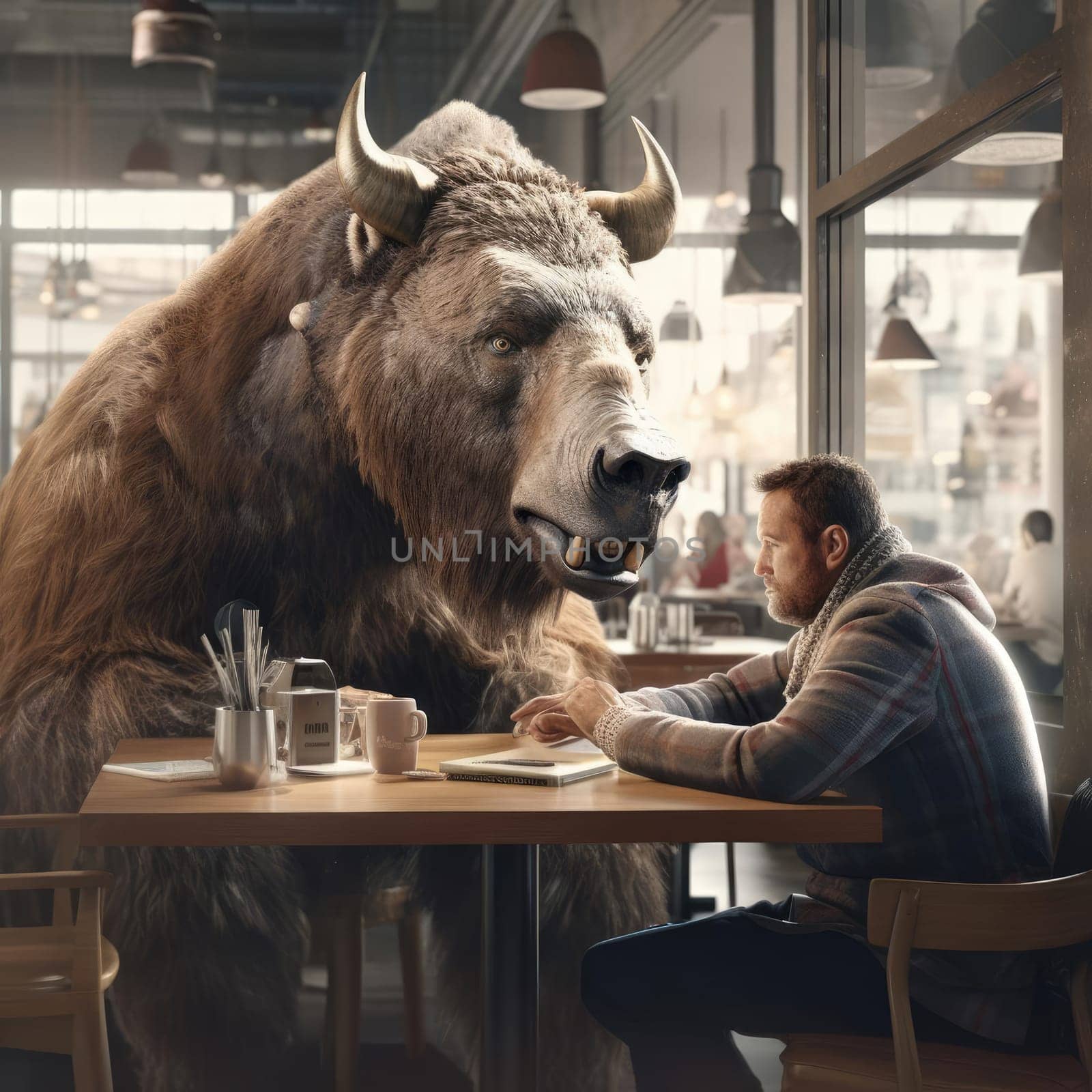 A man and a bear sit in a cafe and chat