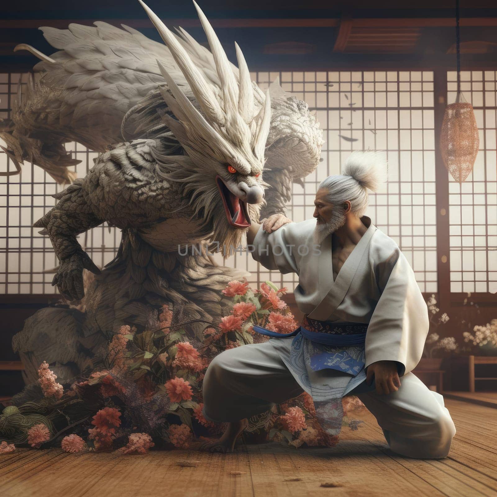 A man fights a dragon on a tatami mat
