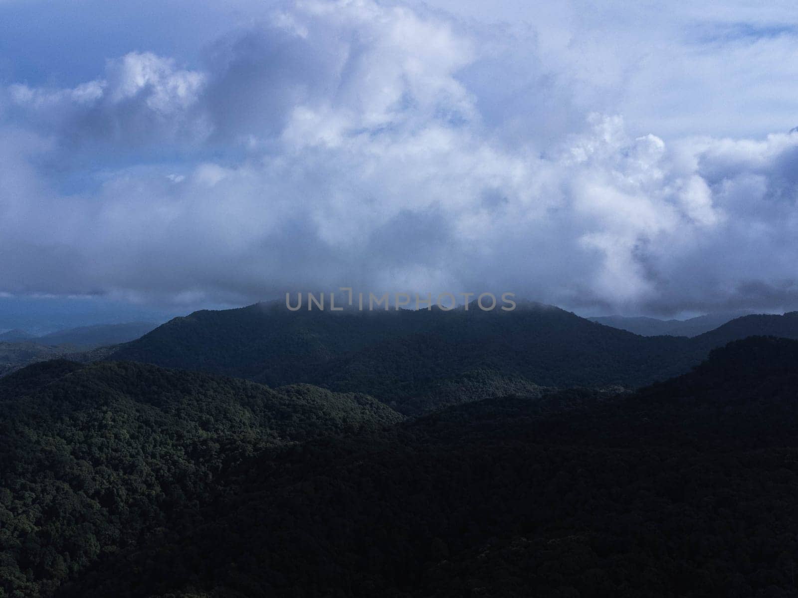 Aerial view of the trees in the valley with fog in the morning. Landscape of misty valley and mountain clouds in thailand. The dawn of the mountains with the sea of mist. by TEERASAK