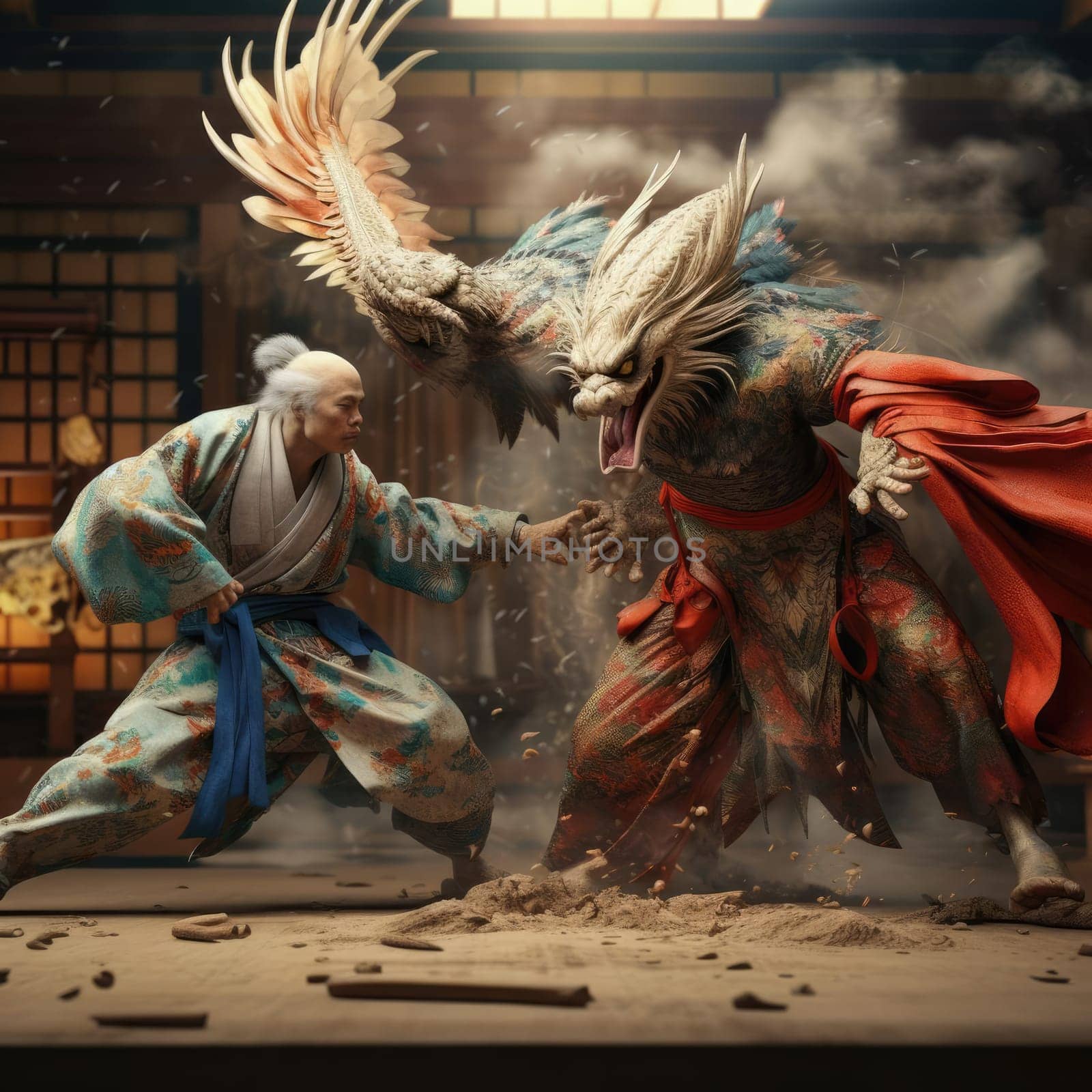 A man fights a dragon on a tatami mat