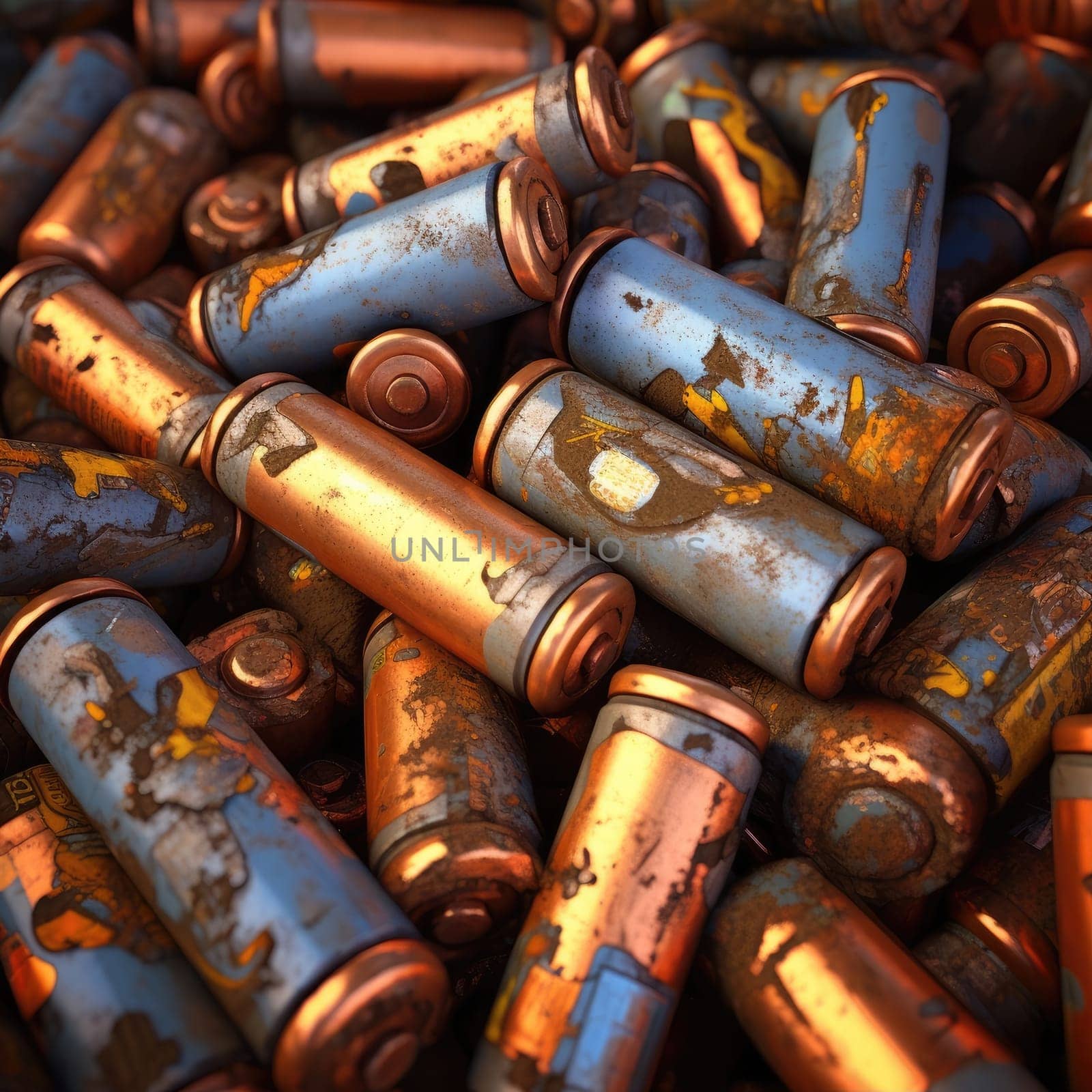 A lot of rusty used batteries. The concept of pollution