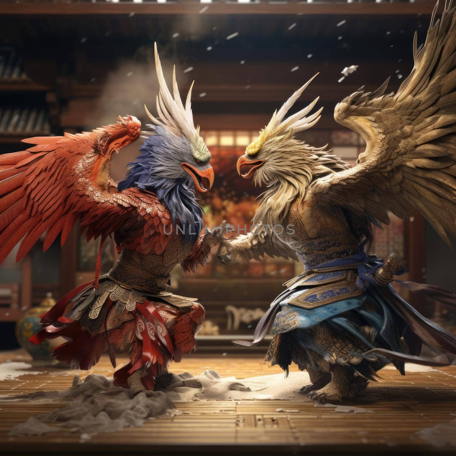 Two eagles fight each other on the tatami
