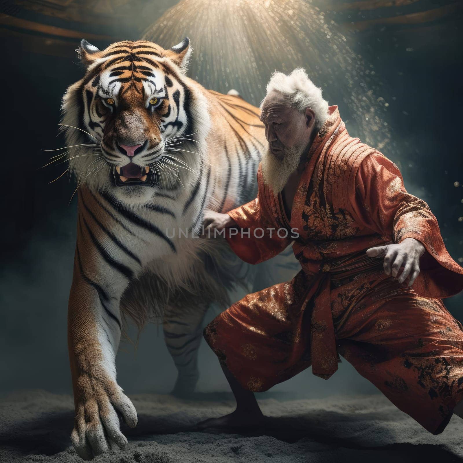 Tiger fights with a man on a tatami mat