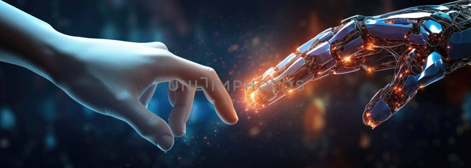 A human hand touches a hand of robot. Bright flash. The concept of technology