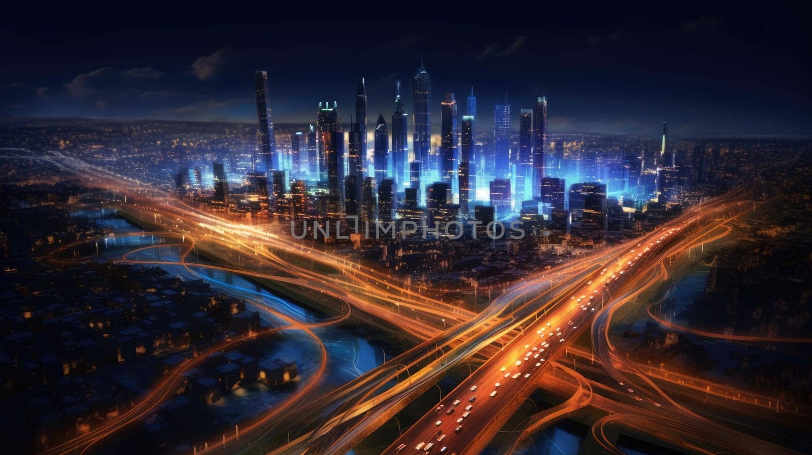 Abstract illustration. The city of the future with bright lines