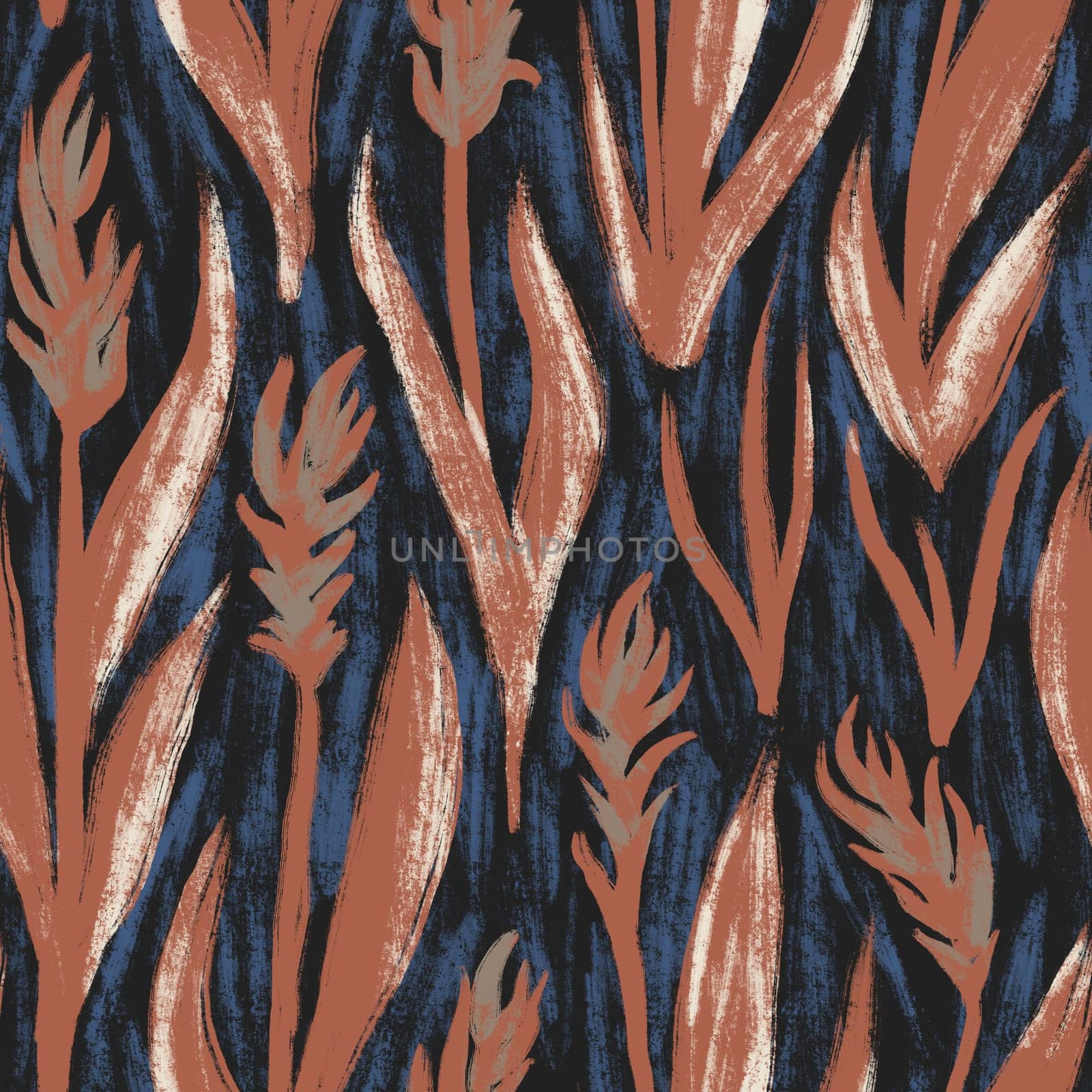 Hand drawn seamless pattern with brown beige grass leaves plants on dark blue black background. Fall autumn nature botanical print, moody neutral faded design, forest herbs wood woodland art. by Lagmar