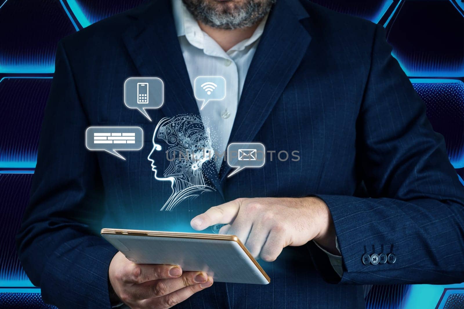 Artificial intelligence, AI chat bot concept. Businessman hands using tablet. ai chatbot infographic by PhotoTime