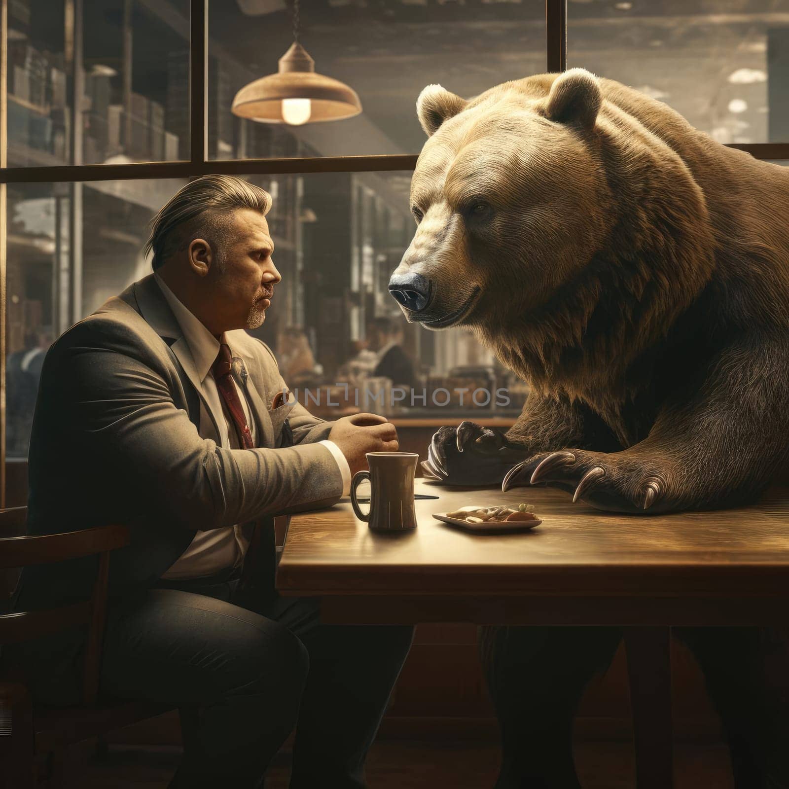 A man and a bear sit in a cafe and chat