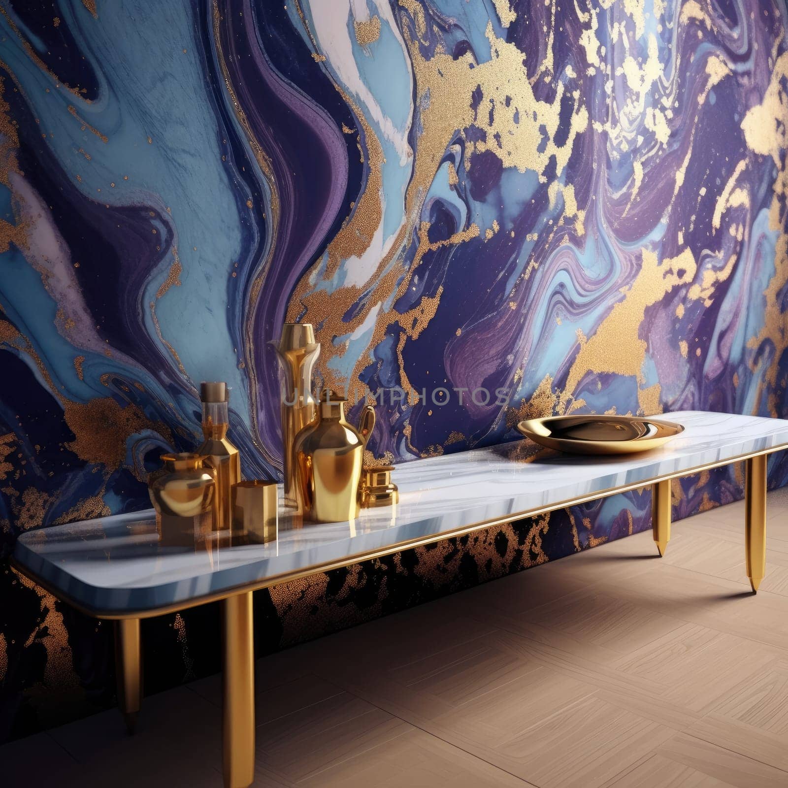 Luxury interior. Table on the background of wallpaper with a marble pattern