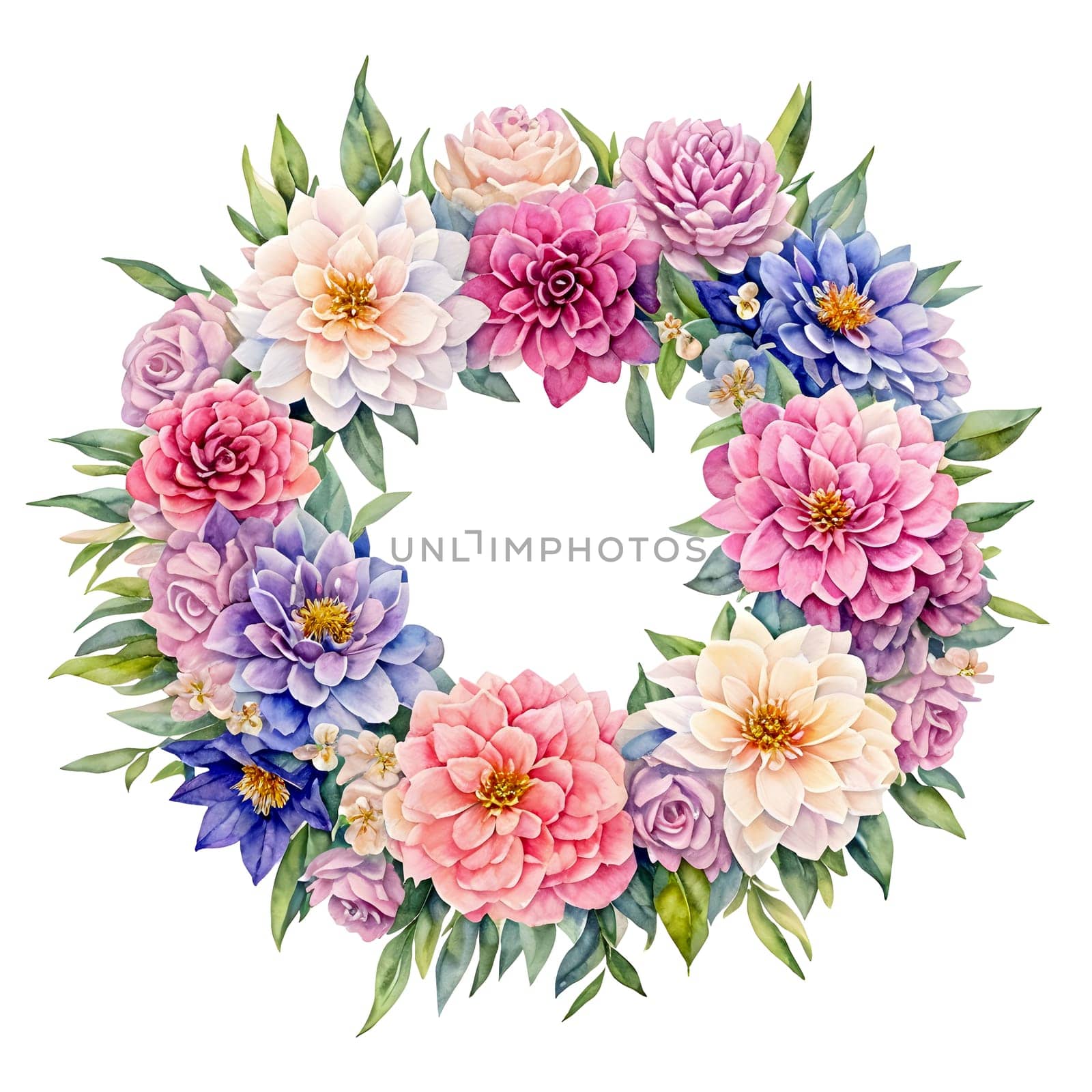 Watercolor Floral Wreath with Pink, White, Blue Flowers and Leaves on White Background for Invitations, Wedding or Greeting Cards, Package Design, Decoration. AI Generated