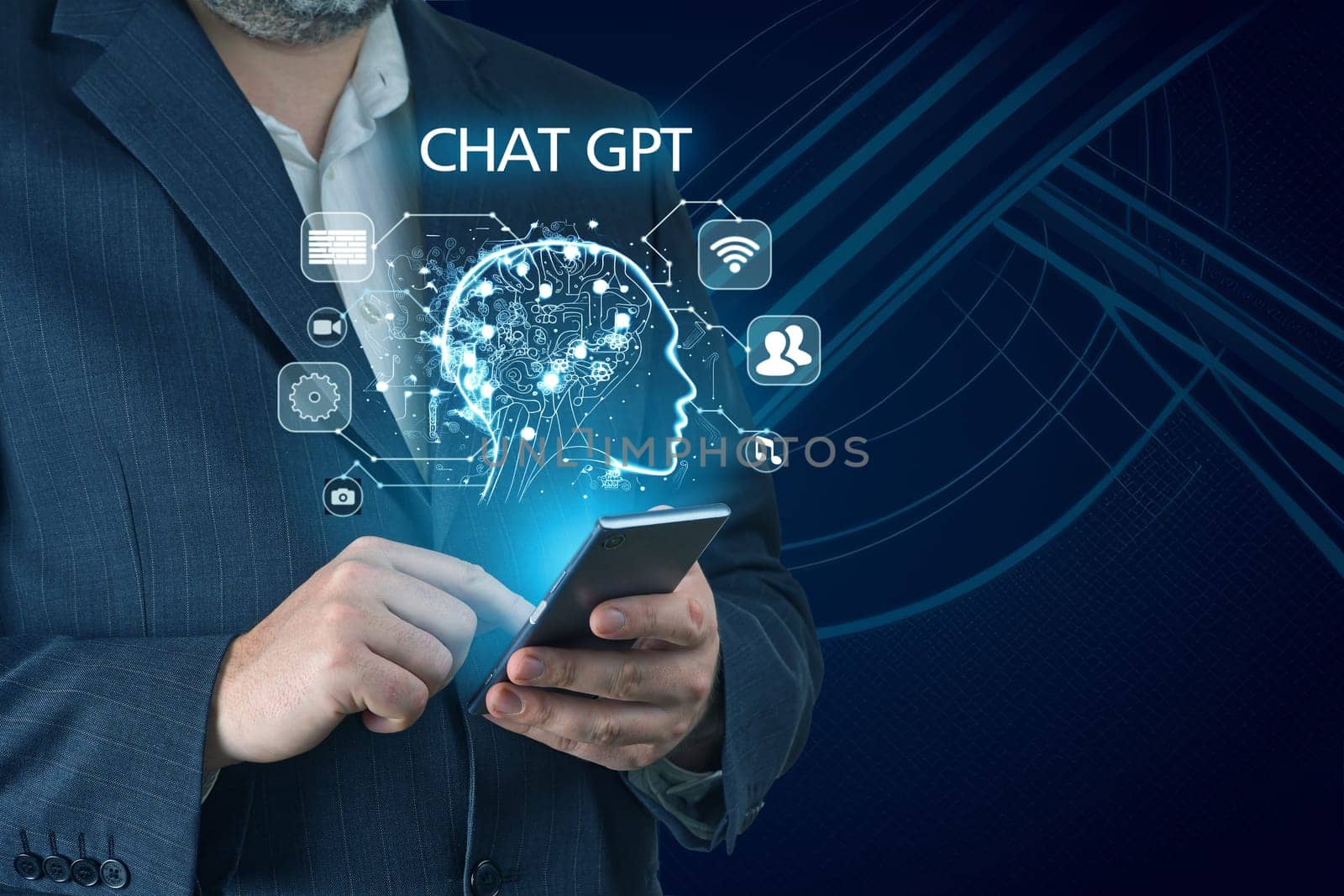 Chat Bot Chat developed with AI Artificial Intelligence. Intelligence Ai Concept. Businessman in a suit using chatbot in his smartphone Futuristic technology