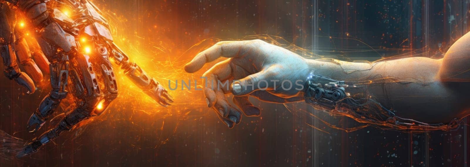 A human hand touches a hand of robot. Bright flash by cherezoff