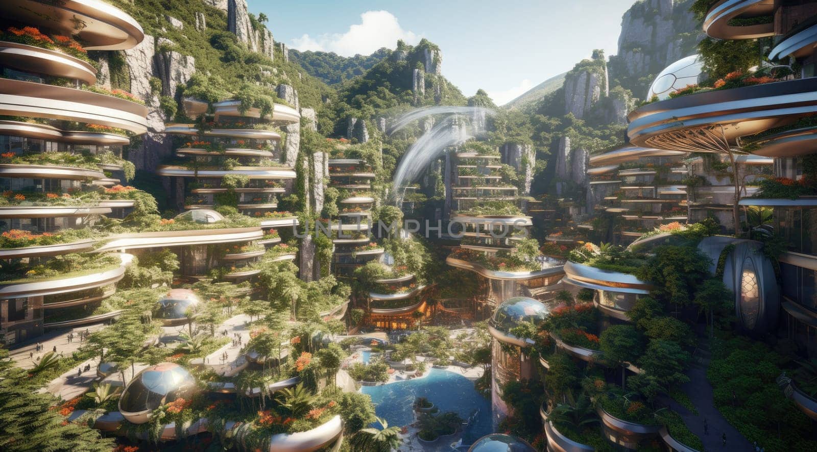 Architecture of the future, lots of green plants and balconies. A vision for the future