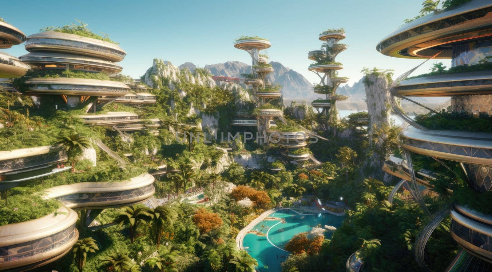 Architecture of the future, lots of green plants and balconies. A vision for the future