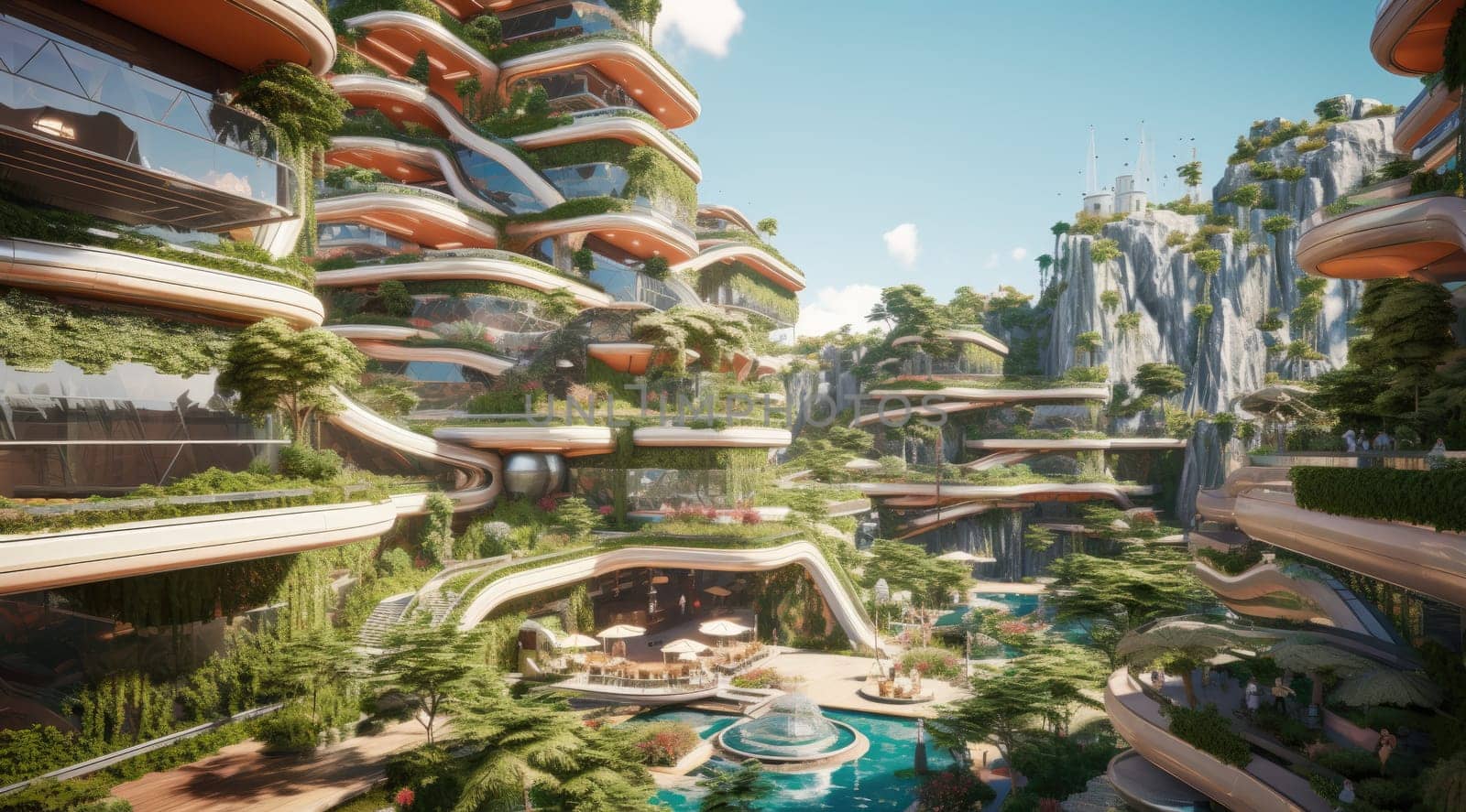 Architecture of the future, lots of green plants and balconies. A vision for the future