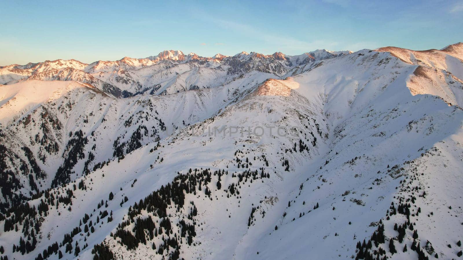 Epic red-orange sunset in high snowy mountains. There are tall coniferous trees, there is snow on the hills. High peaks. The sun's rays fall on the clouds and fog that is lower down the gorge. Almaty