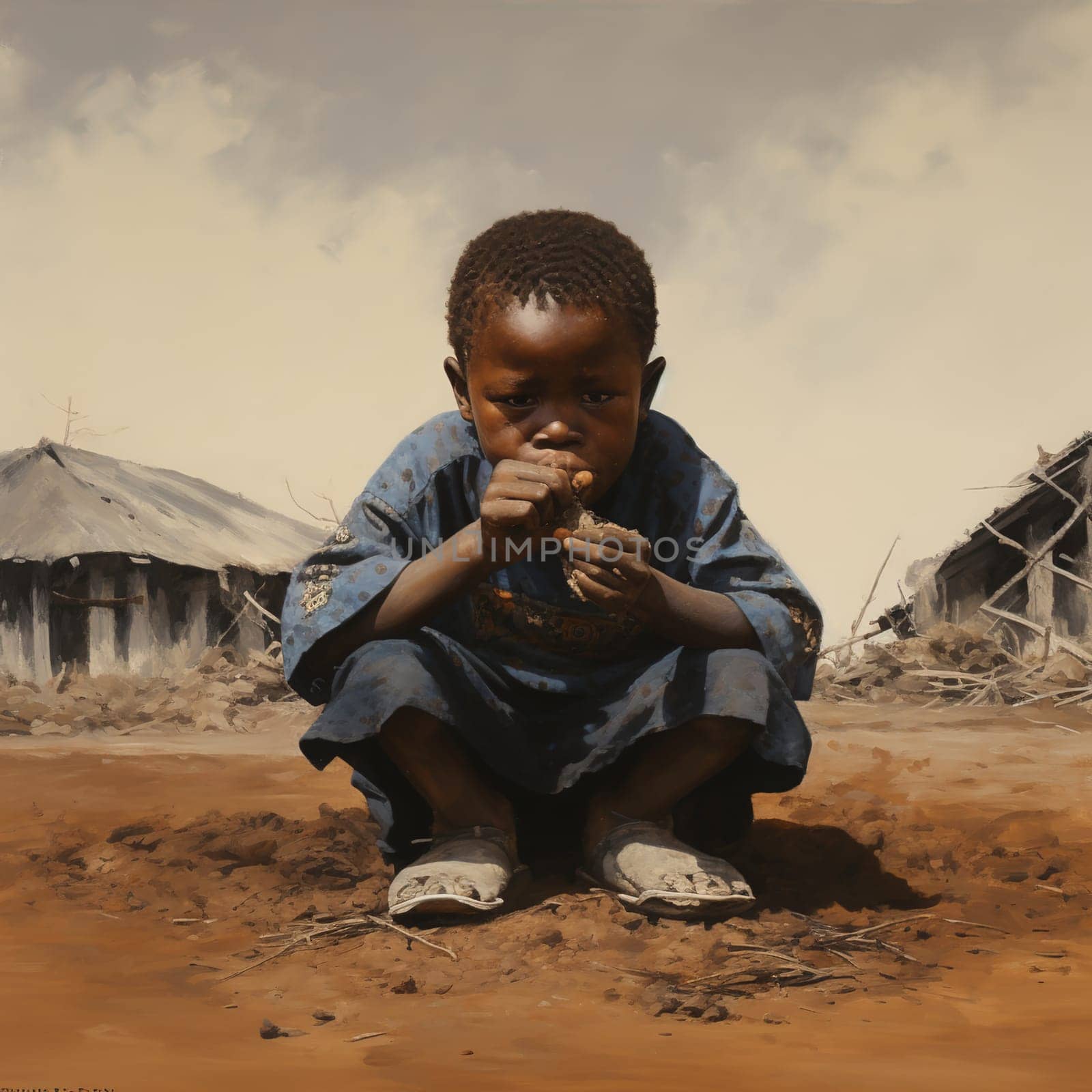 African hungry boy sits on the ground and eats. Generative AI. High quality illustration