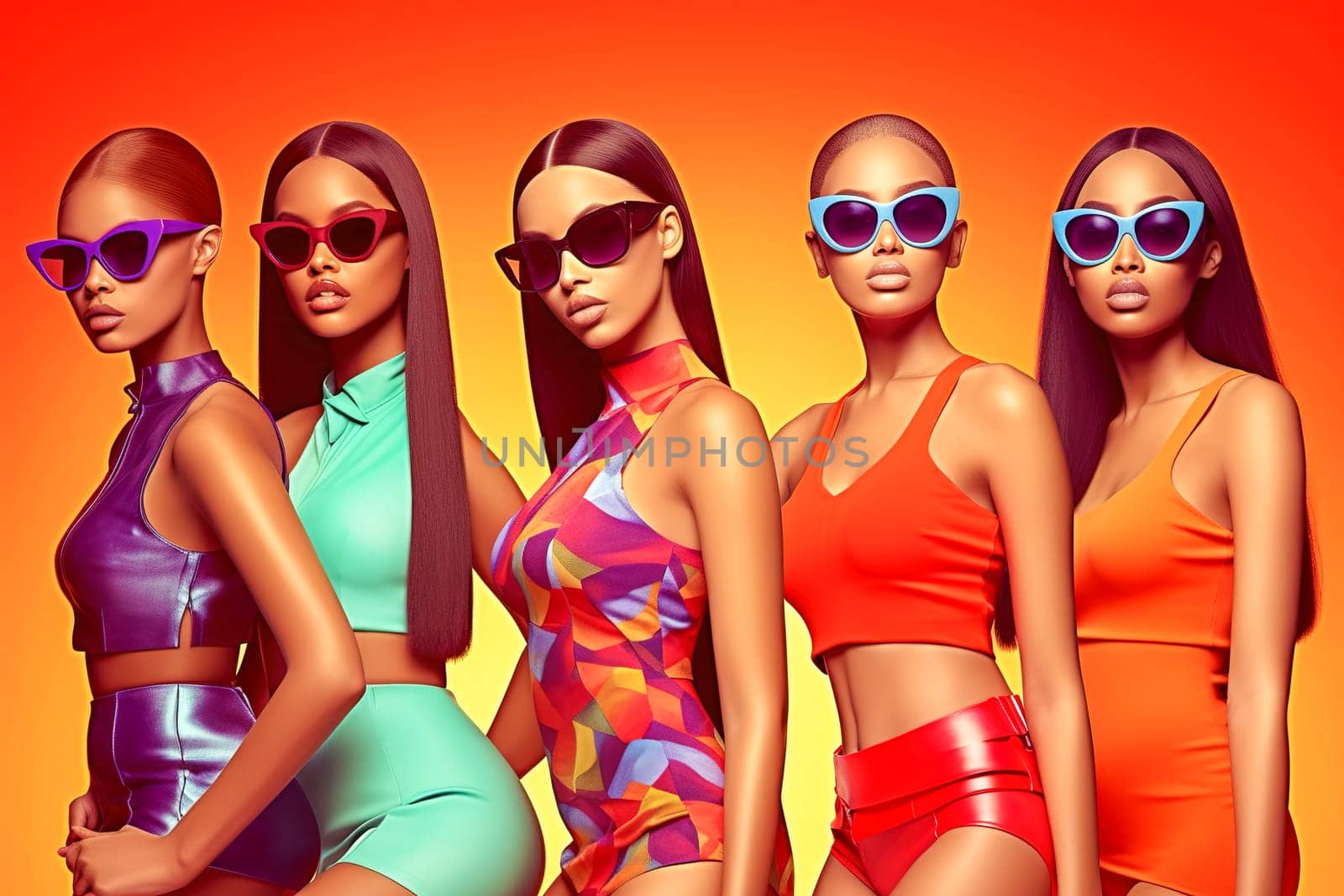 Glamorous model girls demonstrate summer beach swimwear and outfits. Generative AI. High quality illustration