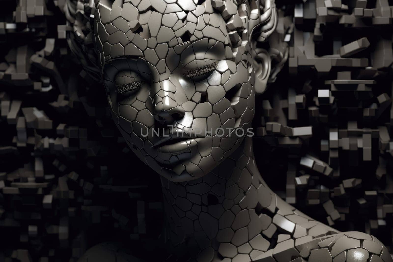 A woman made of dark grey puzzle pieces with some are missing, Generative AI AIG27.