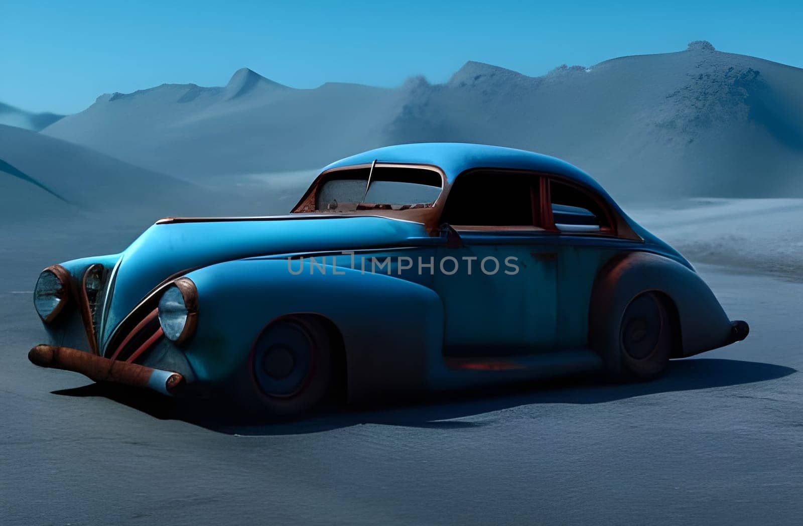 Elegant rusted blue old timer vintage car in a blue background. Generative AI.