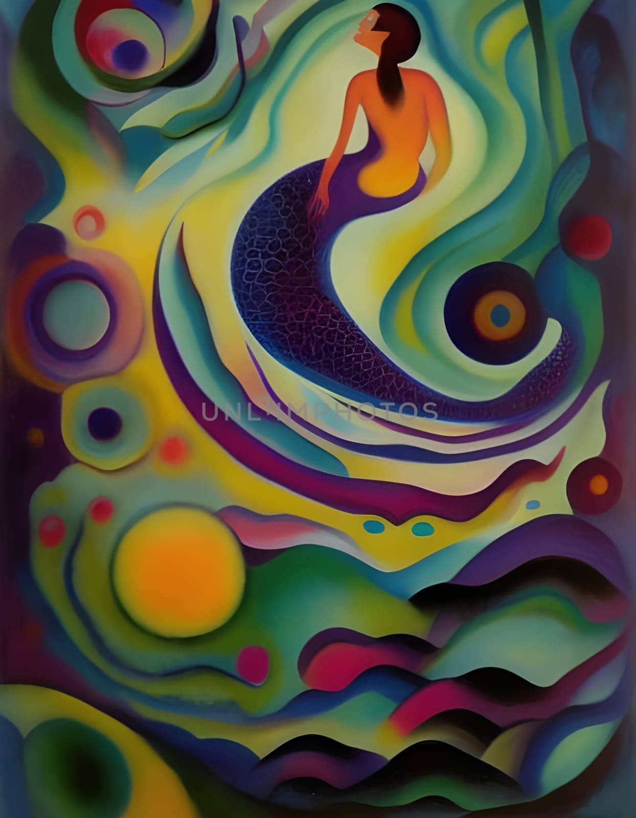 Mermaid painting inspired by the painter Wassily Kandinsky. Generative AI