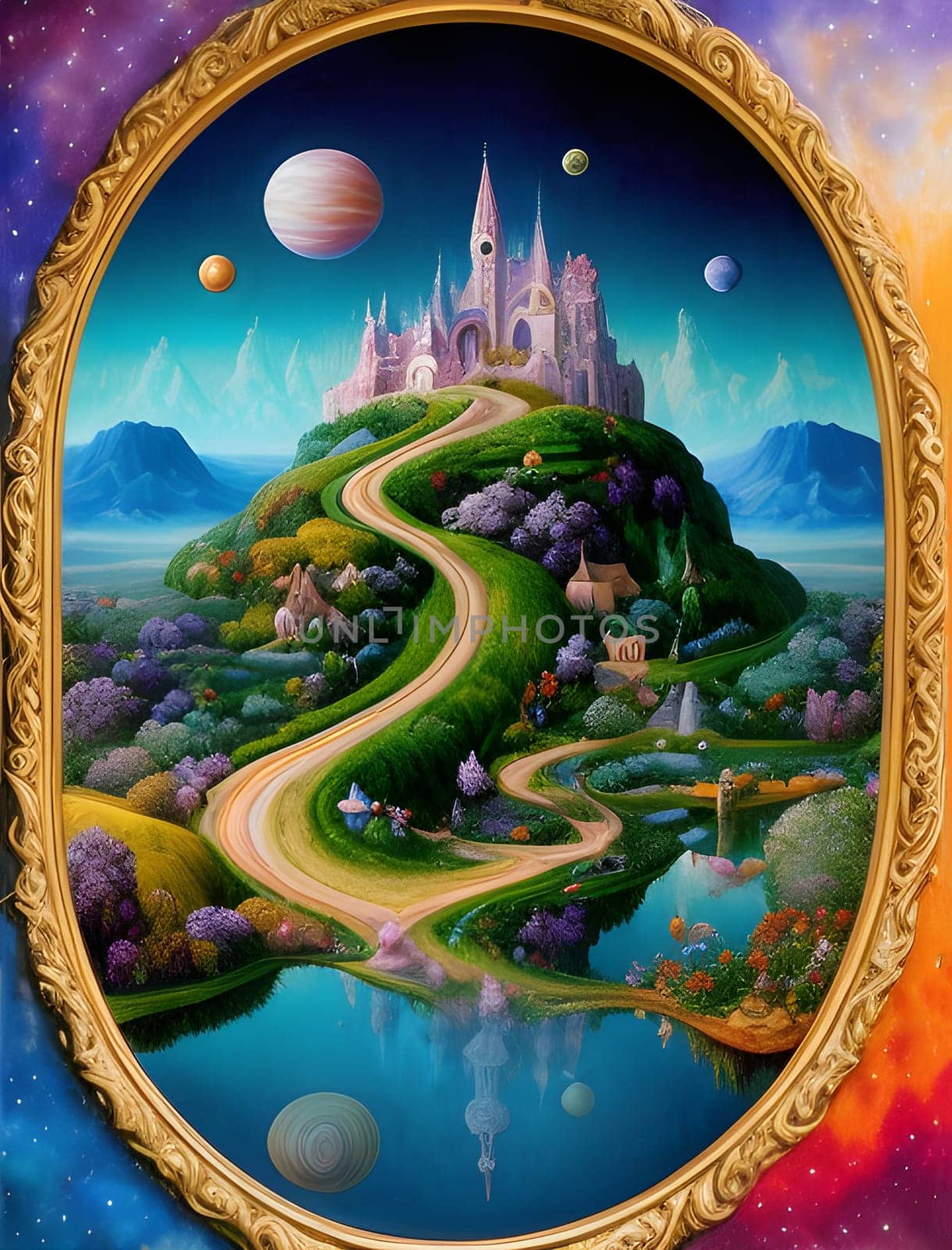Painting of a fairytale world. A castle on a mountain and a path leading down. There is a lake under the mountain. The background is cosmic.. Generative AI.