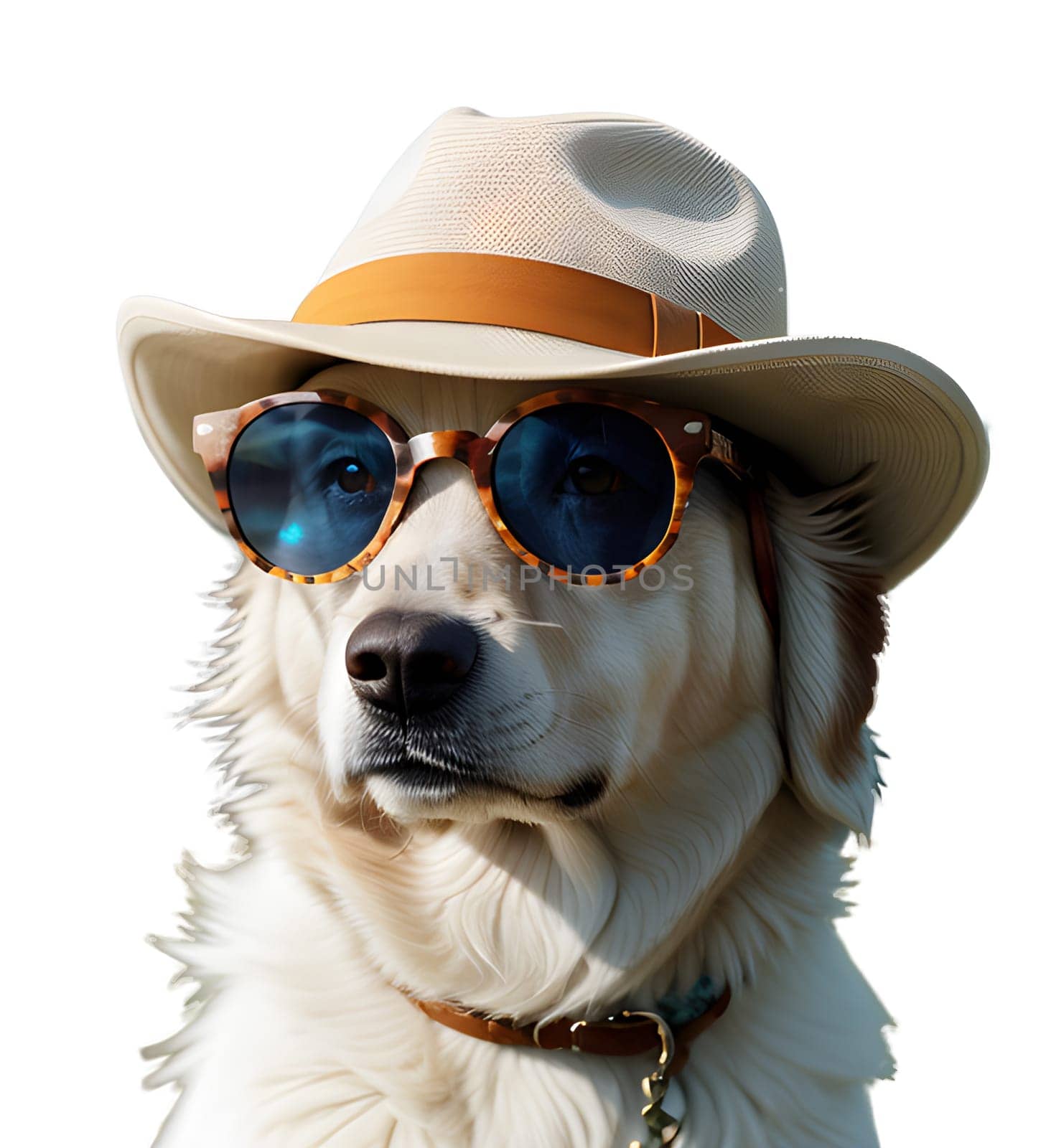 Cool dog with sunglasses and hat on transparent background. Generative AI