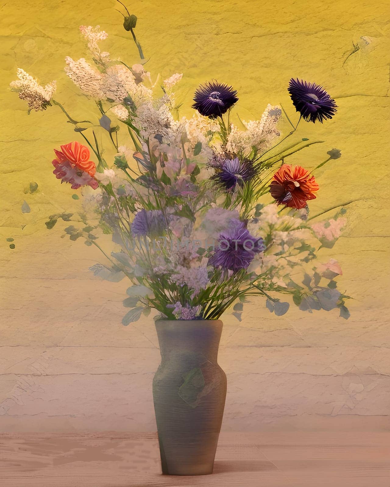 A vase filled with wild flowers on a yellow background. It looks like an old painting. Generative AI.
