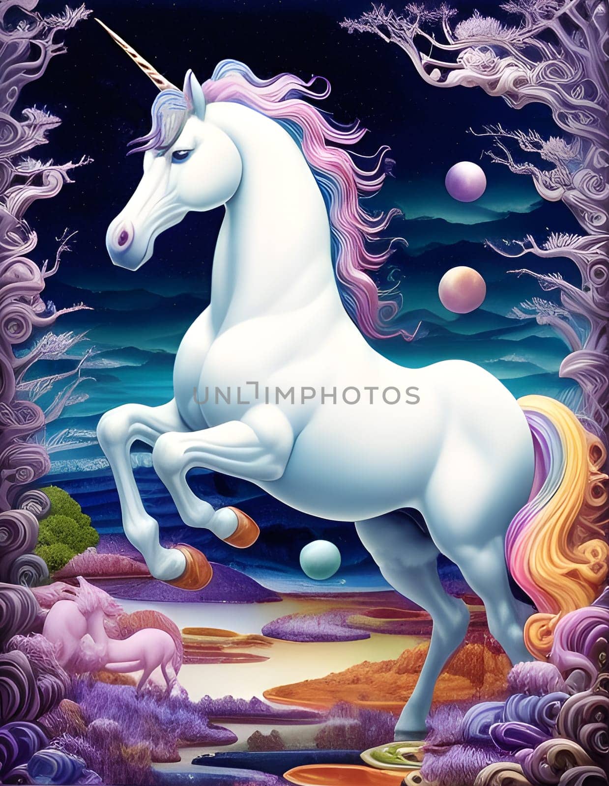 White prancing unicorn  in a fantasy landscape. Generative AI