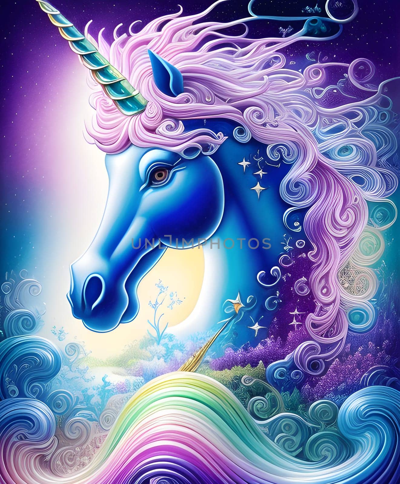 Blue unicorn portrait with pink curly hair. Generative AI