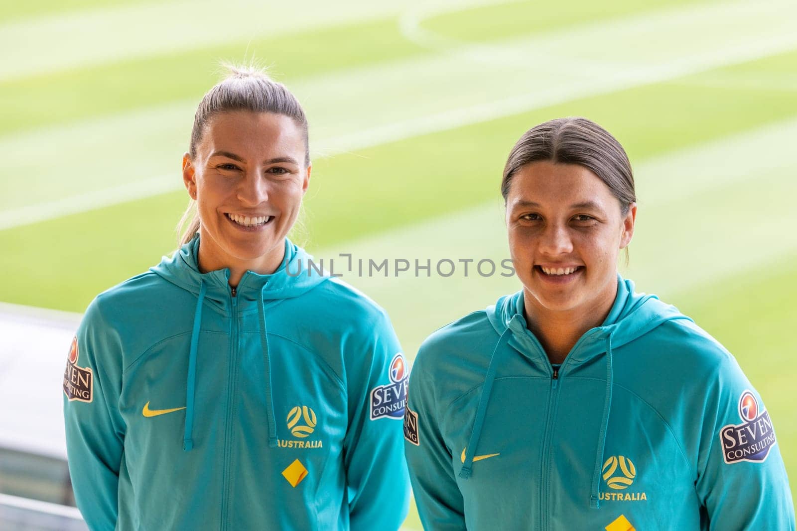 MELBOURNE, AUSTRALIA - JULY 03: Matildas Steph Catley and Sam Kerr at the official opening of the Australian Matildas training facility and FIFA 2023 Women's World Cup squad announcement at La Trobe University on July 03, 2023 in Melbourne, Australia.