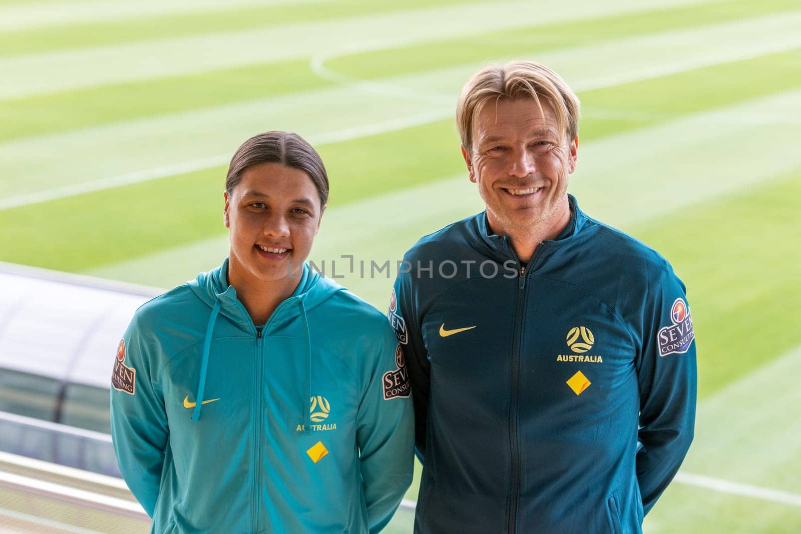 MELBOURNE, AUSTRALIA - JULY 03: Matilda Sam Kerr and coach Tony Gustavsson at the official opening of the Australian Matildas training facility and FIFA 2023 Women's World Cup squad announcement at La Trobe University on July 03, 2023 in Melbourne, Australia.