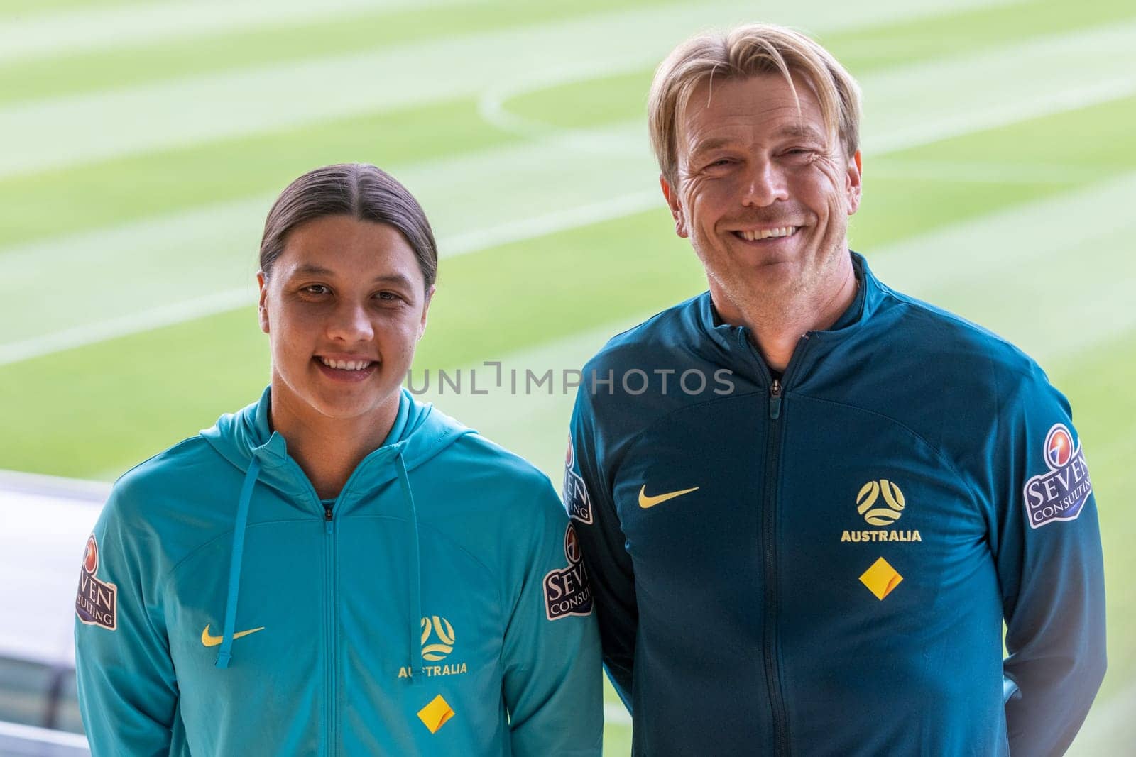 MELBOURNE, AUSTRALIA - JULY 03: Matilda Sam Kerr and coach Tony Gustavsson at the official opening of the Australian Matildas training facility and FIFA 2023 Women's World Cup squad announcement at La Trobe University on July 03, 2023 in Melbourne, Australia.