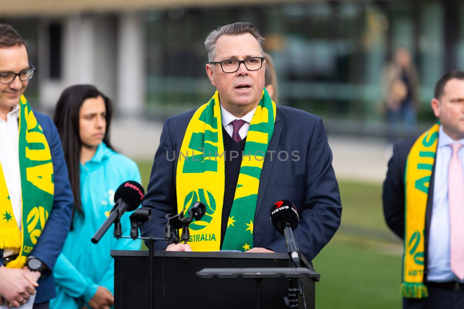 MELBOURNE, AUSTRALIA - JULY 03: La Trobe University Vice-Chancellor, Professor John Dewar AO at the official opening of the Australian Matildas training facility and FIFA 2023 Women's World Cup squad announcement at La Trobe University on July 03, 2023 in Melbourne, Australia.