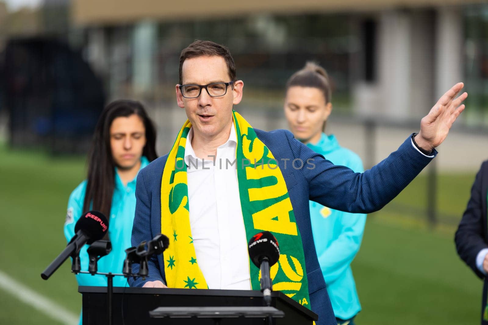 MELBOURNE, AUSTRALIA - JULY 03: Victorian Sports Minister Steve Dimopoulous at the official opening of the Australian Matildas training facility and FIFA 2023 Women's World Cup squad announcement at La Trobe University on July 03, 2023 in Melbourne, Australia.