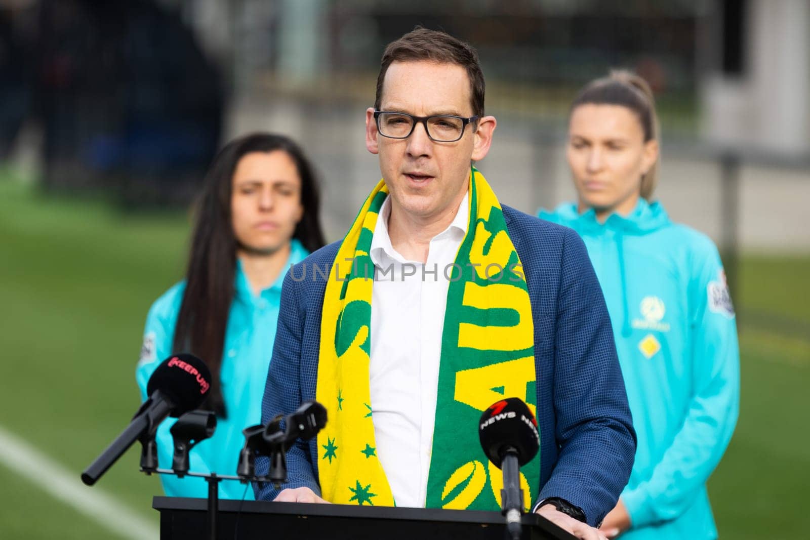 MELBOURNE, AUSTRALIA - JULY 03: Victorian Sports Minister Steve Dimopoulous at the official opening of the Australian Matildas training facility and FIFA 2023 Women's World Cup squad announcement at La Trobe University on July 03, 2023 in Melbourne, Australia.